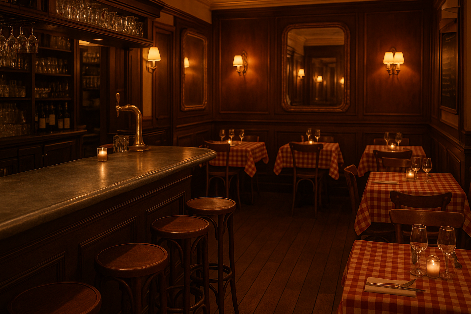 Intérieur du Comptoir Mosellan en ambiance soir, zinc patiné et nappes à carreaux