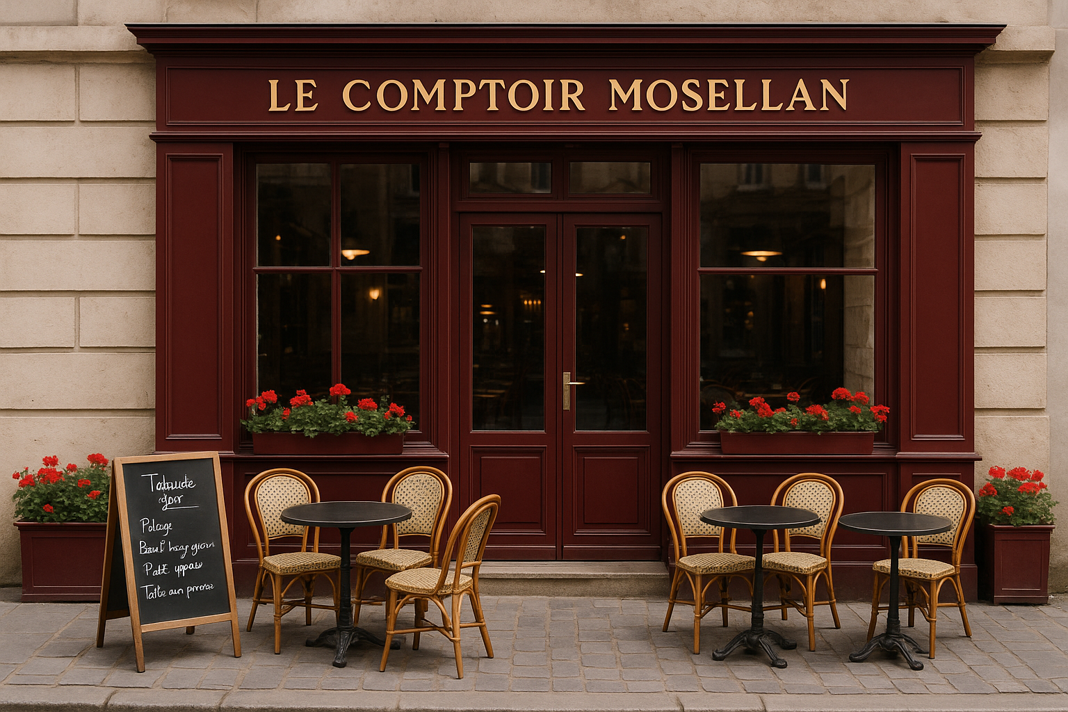 Façade du Comptoir Mosellan, devanture bordeaux