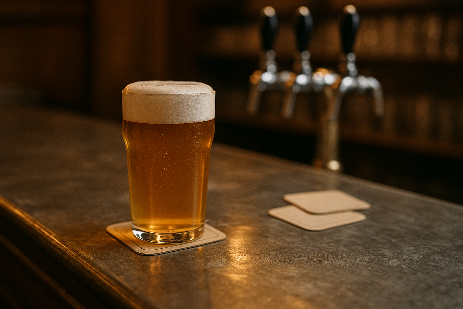 Détail du comptoir en zinc patiné avec un verre de bière