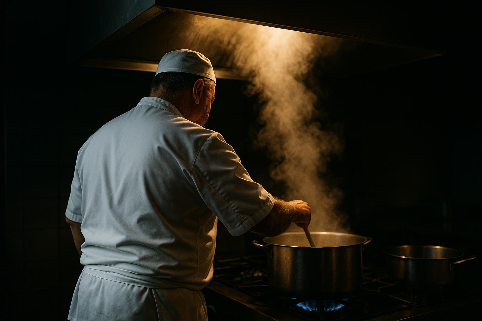 Jean-Pierre Kieffer en cuisine au Comptoir Mosellan, silhouette devant les fourneaux