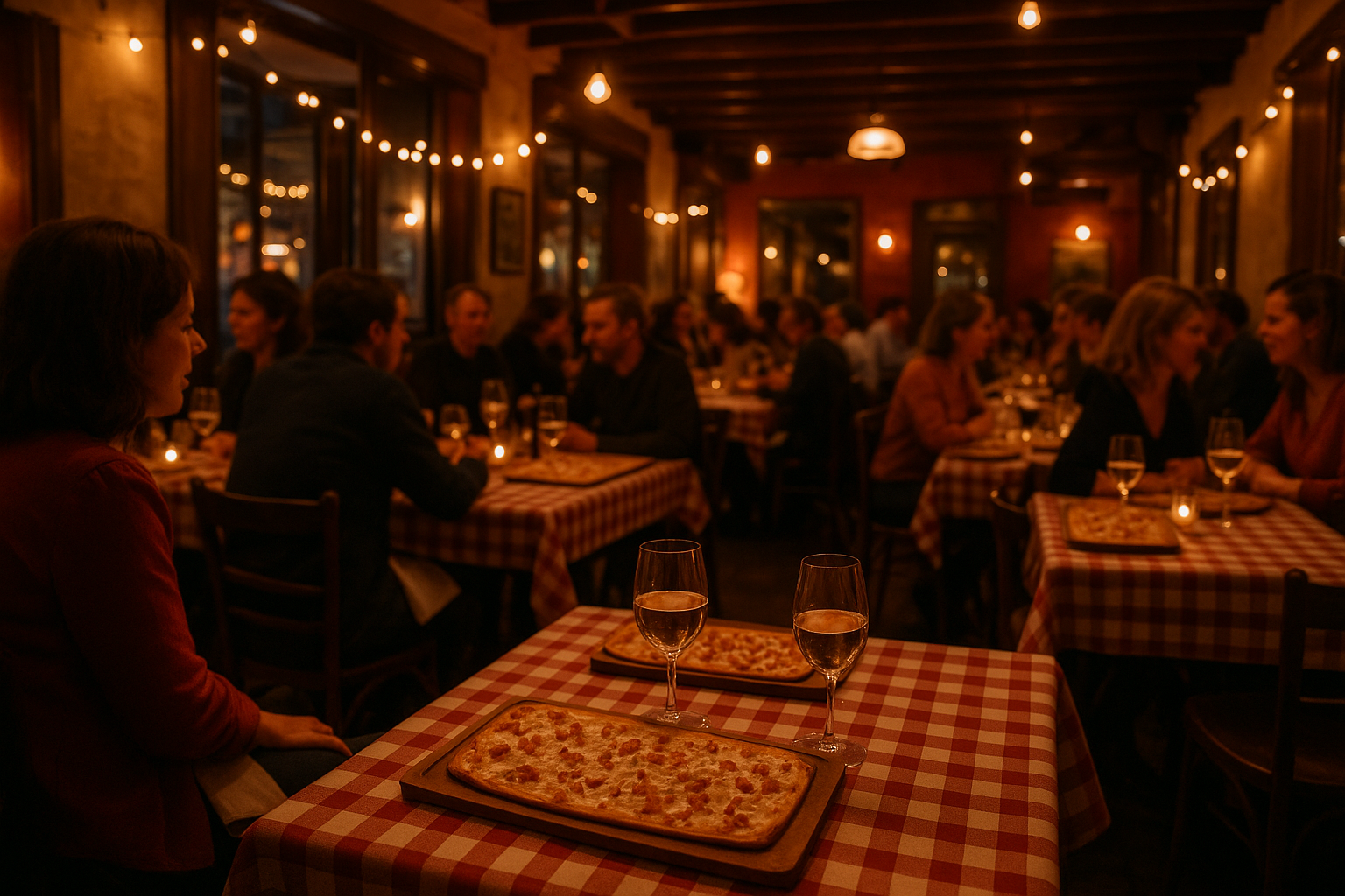 Ambiance conviviale lors d'une soirée tartes flambées